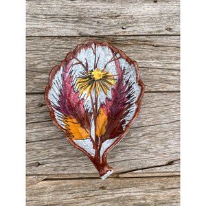Vintage Italy Pottery Leaf shaped Nut/candy dish MCM Abstract Flowers